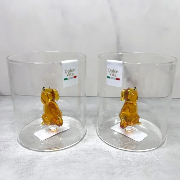 2 Dolce Vita Floating Dog Glass Tumbler Drinking Glasses Set - Picture 6 of 6